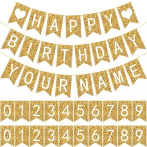 Meanplan 124 Pcs DIY Letter Banner Glitter Customizable Banner Reusable Happy Birthday Party Decor Including 110 Letters and Numbers 5 Rope for Men Women Bunting Shower Birthday Party(Gold)