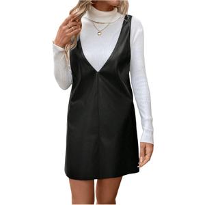 Milumia Women's Deep V Neck Leather Pinafore Overall Mini Dress Jumper Dresses (Black)