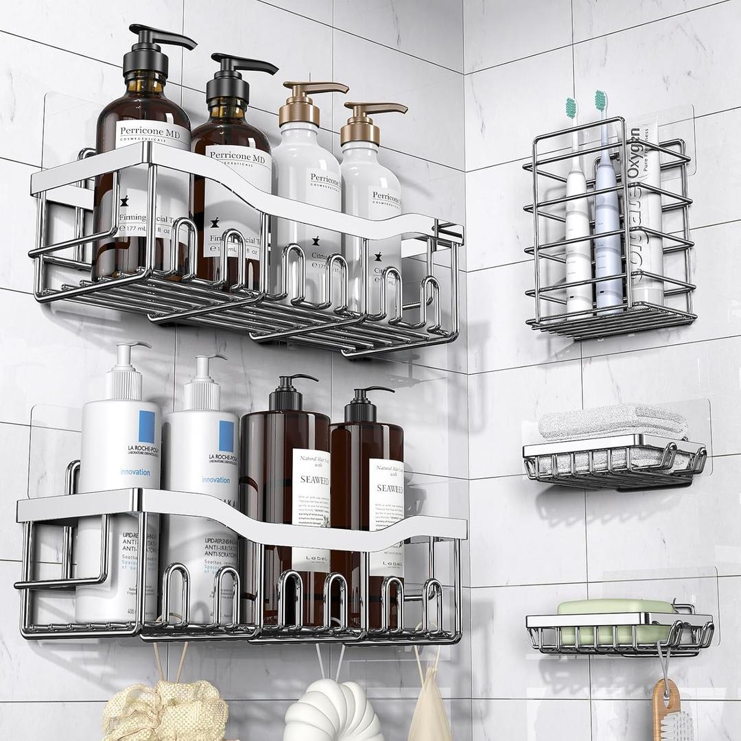 Shower Caddy 5 Pack - Adhesive Organizer for Bathroom & Kitchen, No Drilling, Large Capacity, Rustproof Stainless Steel Shelves (upgrade-5-piece set, Silver)