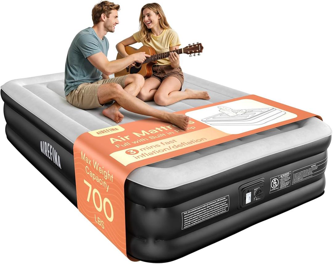Airefina Air Mattress Full with Built in Pump, Upgraded 18 Raised Blow Up Mattress, Comfort Inflatable Mattress with Storage Bag for Guest Home Camping, Air Bed Full Size, Colchon Inflable (Grey)