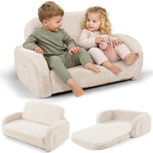 2-in-1 Sherpa Fold Out Kids Couch, Extra Wide Comfy Toddler Chair, Convertible Kids Sofa to Lounger, Foldable Toddler Couch with High Density Foam, Modern Kids Sofa Bed for Boys & Girls 3+, Beige, 30 Inches X 18 Inches X 16 Inches