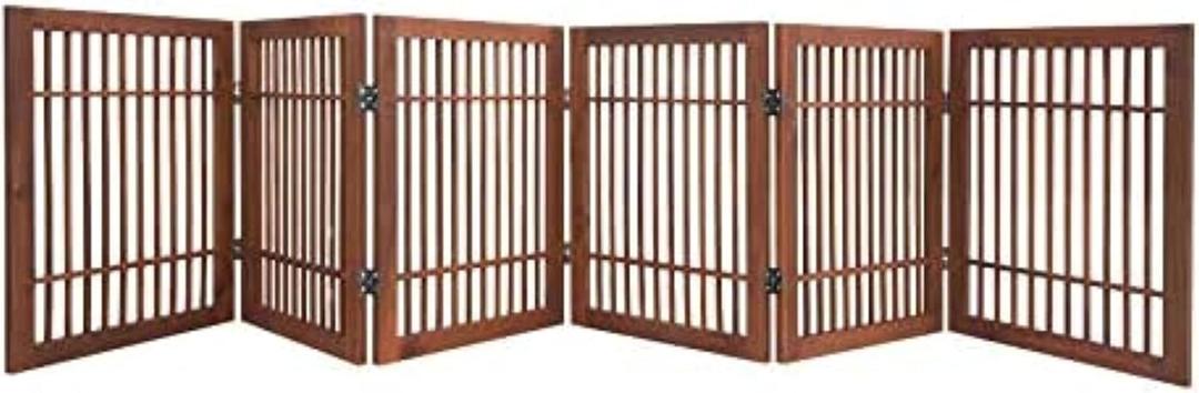 Urnporium Freestanding Wooden Dog Gate Foldable Indoor Pet Gate No Drill Expandable Barrier for Doorways Stairs Hallways Portable Wood Fence for Small Dogs & Puppies (Brown Pet Gate, 6 Panel 24" Tall)
