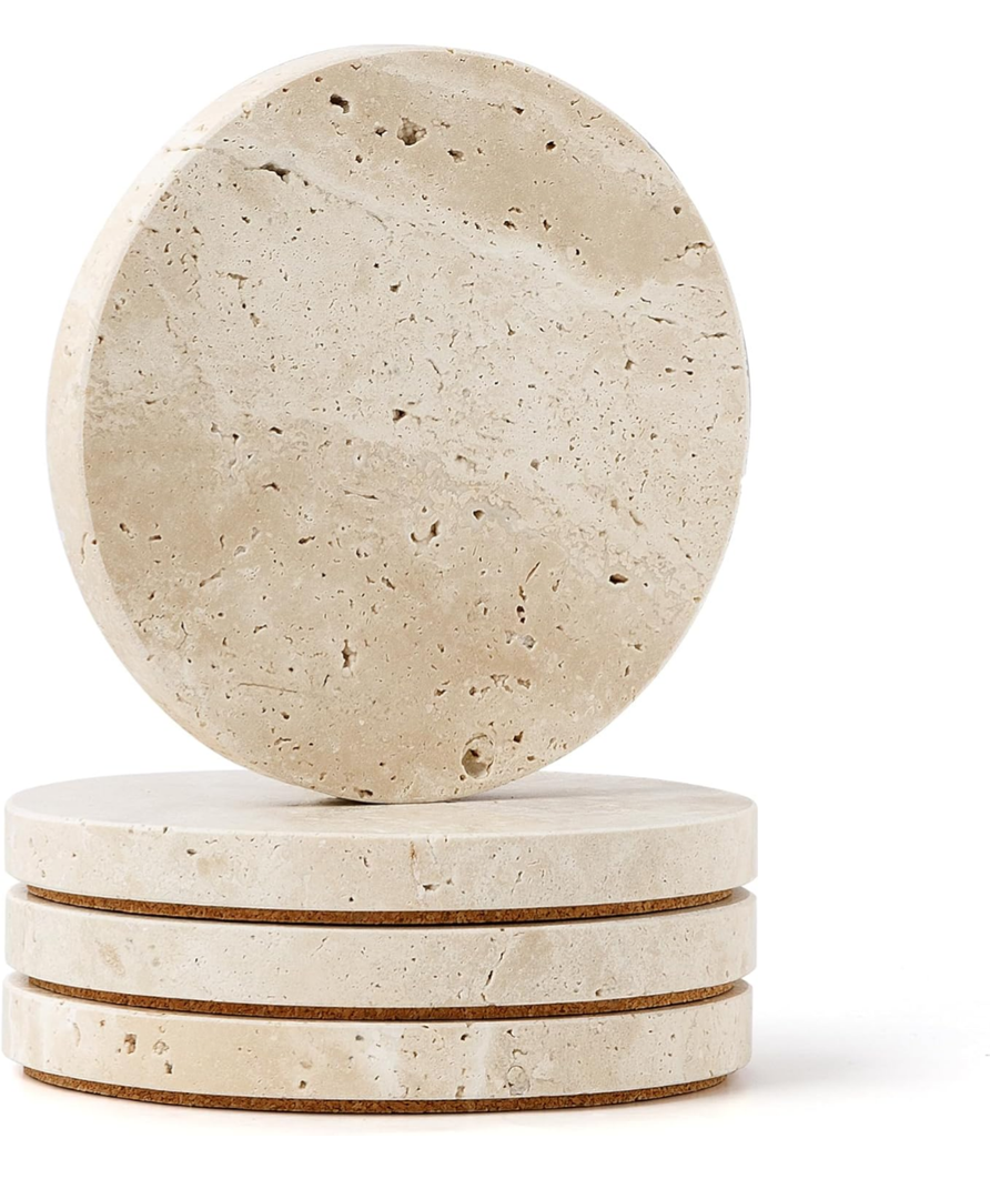 WORHE Natural Travertine Marble Coasters Set of 4-4" Round Stone Drink Coasters, Non-Slip Cork Backing, Housewarming Gift, Wedding, Protect Tables from Stains & Scratches (BD140)