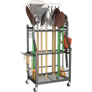 WALMANN Garden Tool Organizer with Wheels for Garage, Rakes/Shovels/Yard Tools Storage Stand for Garden, Shed, Indoor/Outdoor Long-Handled Tools Rolling Cart