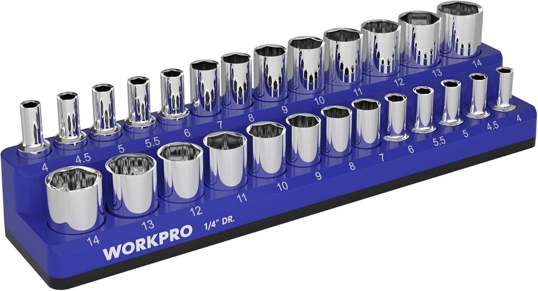 WORKPRO Magnetic Socket Organizer, 1/4-Inch Metric Socket Holder, Tool Trays Holds 26 Pieces Standard Size and Deep Size Sockets(Sockets not Included)
