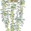 Fake Hanging Plant Decor Indoor, Eucalyptus Artificial Faux Plants in Wall Woven Planters, Jute Hanger with Black Pot Soft Green 1PCS 23Inch Long