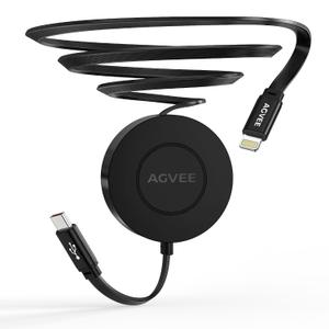 AGVEE 0.3ft Fixed / 2.3ft Extend USB-C to Lightning Charger Cable Mountable One Way Retractable 27W Fast Charging Cord, Pocket-Sized for iPhone 14 13 12 11 XS, Desk Organizer, Black