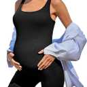 Summer Mae Women Maternity Bodysuit Ribbed Pregnancy Seamless Jumpsuit Romper Workout Tank Top Shorts Stretchy Unitard (4-6, Black)