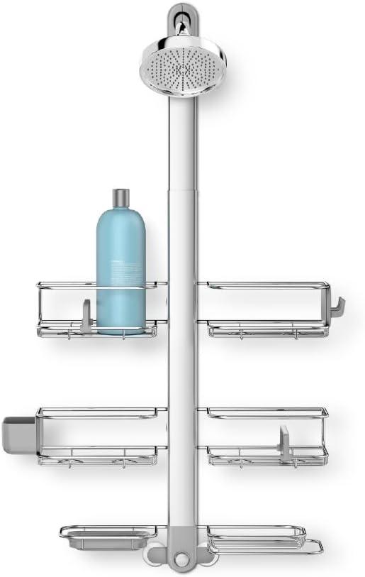 Simplehuman X-Large Adjustable Hanging Shower Caddy, Handheld Showerhead Compatible, Family-Size Bathroom Organizer with 12-Inch Extended Neck, Adjustable Shelves, Rust-Proof Stainless Steel