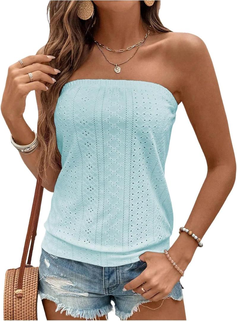 SOLY HUX Women's Strapless Bandeau Tank Top Casual Summer Sleeveless Eyelet Tube Tops (XS)