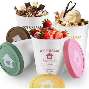 cyrico Ice Cream Containers with Silicone Lids for Homemade Ice Cream, 4 Pack 1 Quart Each Reusable Sorbet Frozen Yogurt Storage Containers Set BPA Free Stackable Leakproof Dishwasher Freezer Safe