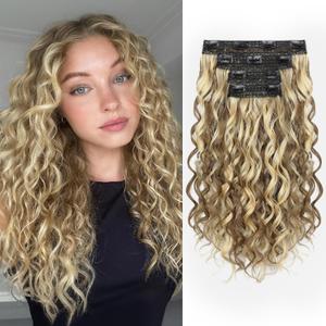 REECHO Curly Hair Extensions, 4PCS 16 inch Clip in Hair Extensions Lace Weft Short Curly Extension Clip Ins Invisible Natural Hairpieces for Women, Dark Ash Brown with Highlights