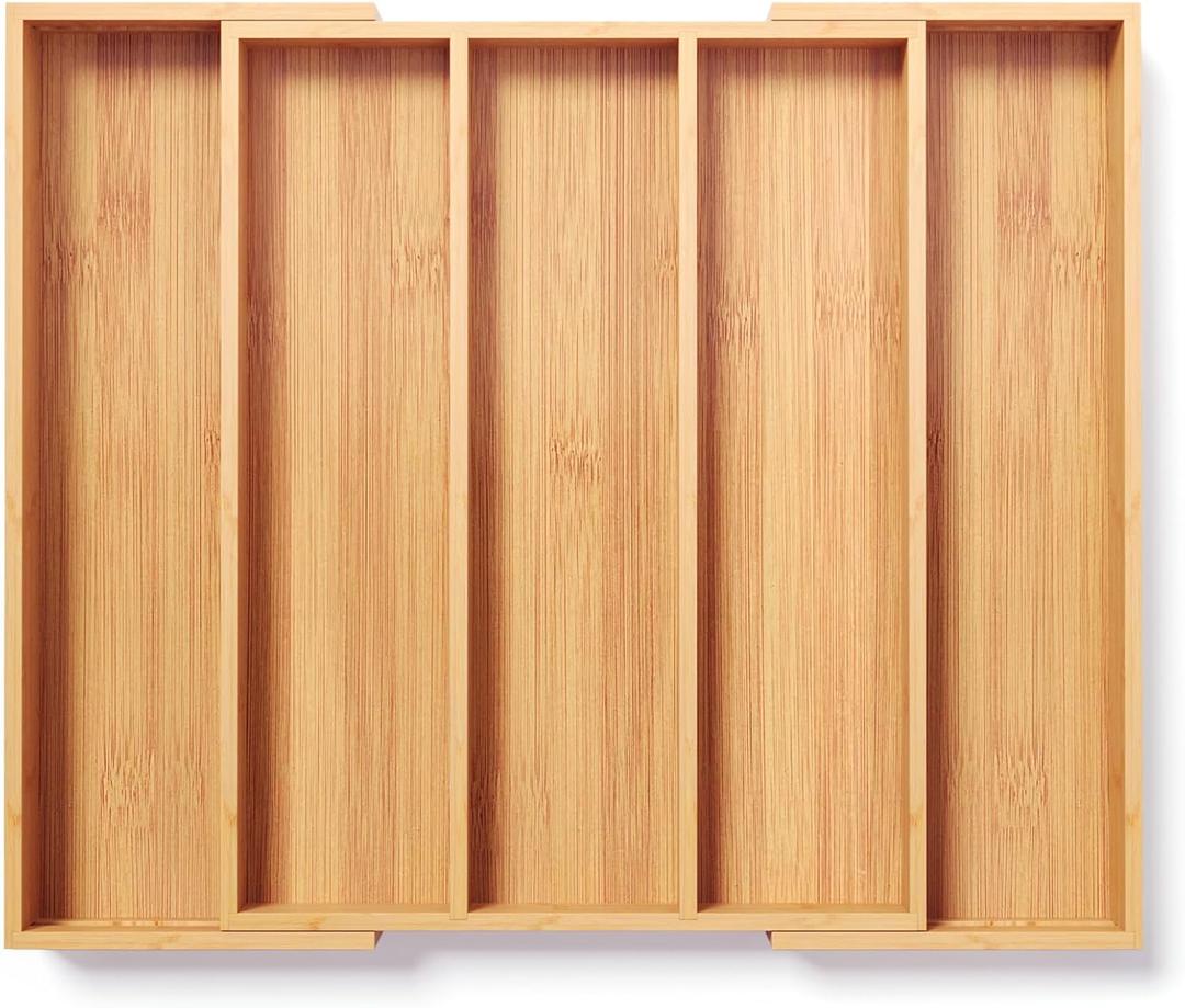 Expandable Kitchen Drawer Organizer, Bamboo Silverware Organizer, Adjustable Flatware Tray for Utensils(16.92 * 13.30~22.83 * 1.96)