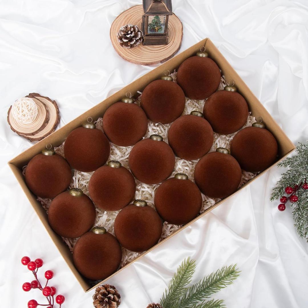 Korlon Tec 15 Pcs Brown Velvet Ornaments for Christmas Tree, 3.15 Inch Large Velvet Christmas Ornaments Balls, Flocked Hanging Balls Xmas Tree Decorations for Garland Wreath Indoor Holiday Home Decor
