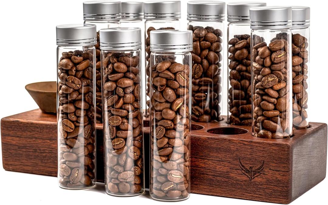 Single Dose Coffee Bean Storage Tubes Coffee Bean Cellar 10 Pcs Dosing Glass Vials With Lids (2 Oz) Wooden Display Stand And Funnel, 600ml