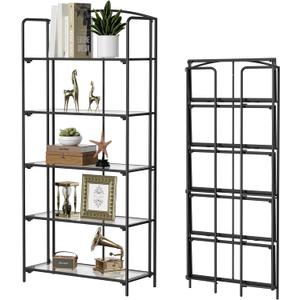 Crofy No Assembly Folding Bookshelf for Living Room, 5 Tier Black Collapsible Book Shelf for Home Office, Portable Bookcase Storage Organizer