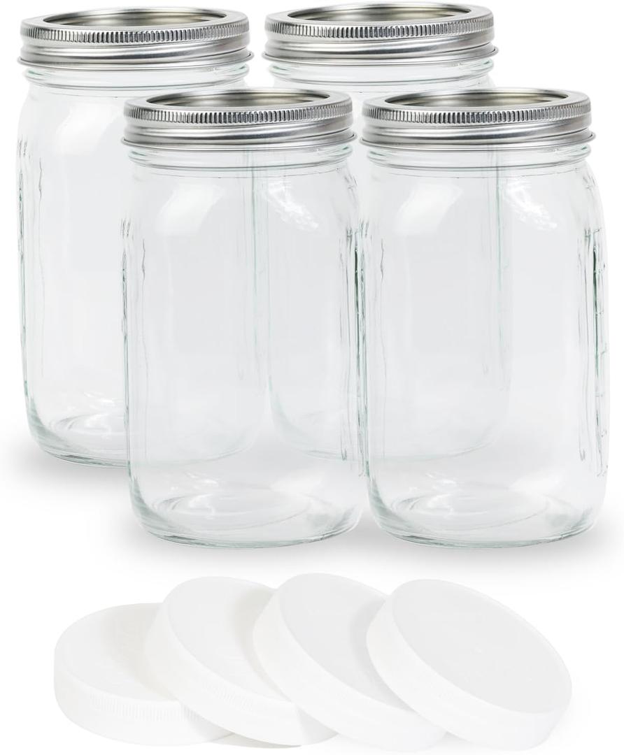 Yodecy 4 Pcs 32 oz Clear Wide Mouth Mason Jars with Airtight Lids and White Plastic Lids, Canning Jars for Overnight Oats, Food Storage and More