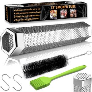 Smoke Tube for Pellet Smoker, 12'' Smoker Tube for Pellet Grill - Hot or Cold Smoker Accessories for Electric Gas Charcoal Grilling, Premium Stainless Steel Portable Barbecue Tube, Bonus Brush (Hexagonal)