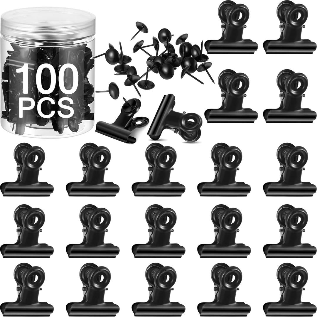 100 Set Push Pin Clips for Cork Board, 100 Metal Clip + 100 Push Pins Set, 1.2" Bulletin Board Clips for Hanging Photos, Bulletin Notes Papers Office Art Craft Wall Display