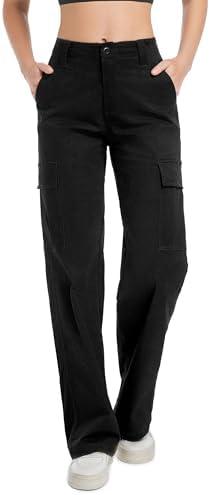 Soulsfeng Women's Cargo Pants Baggy Relaxed Fit Cotton Hiking Work Pants with 6 Pockets, Size 30, Black