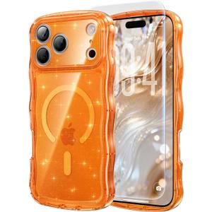 3 in 1 Magnetic for iPhone 17 Pro Max Case, Sparkly Bling Glitter Cute Curly Wave [Fit for MagSafe]1X Screen Protector+1X Wrist Strap, Trendy Women Girly Clear Case for 17 Pro Max 6.9", Orange Clear