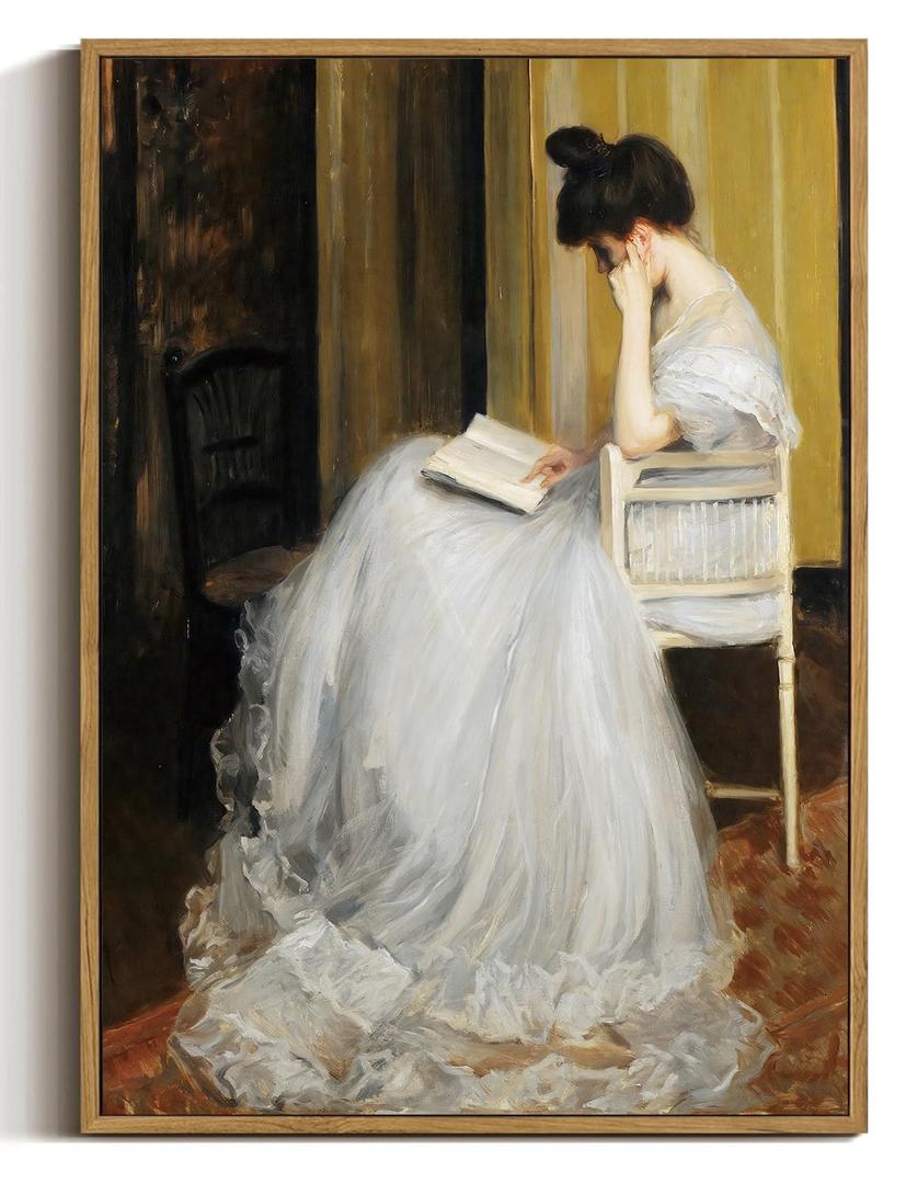 Victorian Lady Reading Framed Canvas Wall Art 16x24 inch