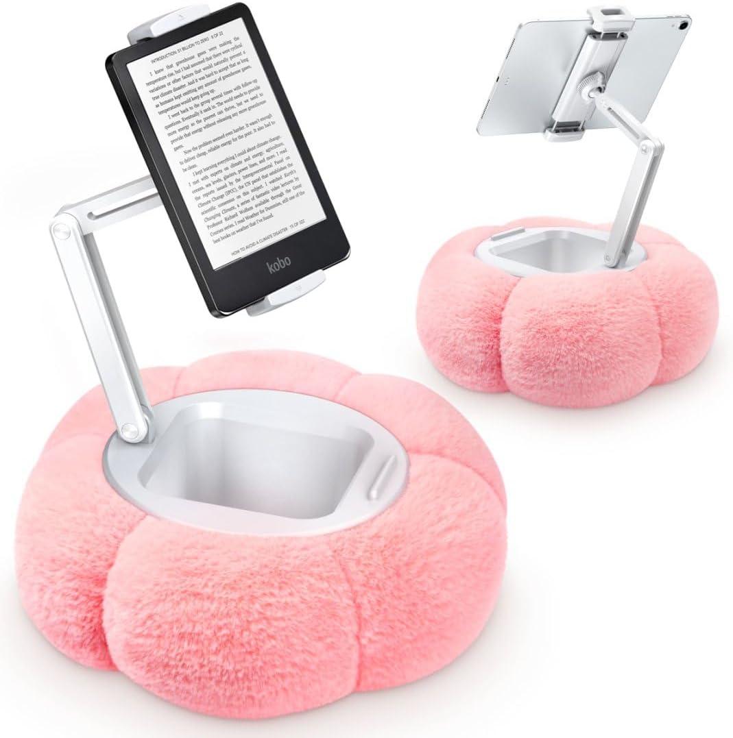 CreaDream Pumpkin Tablet Pillow Stand Holder for Kindle iPad, Adjustable Phone Pillow Stand for Lap Bed with Detachable Snack Bowl, Compatible with 4.7"-13" Tablet, iPad, iPhone, Samsung Tabs, Kindle (Pink)