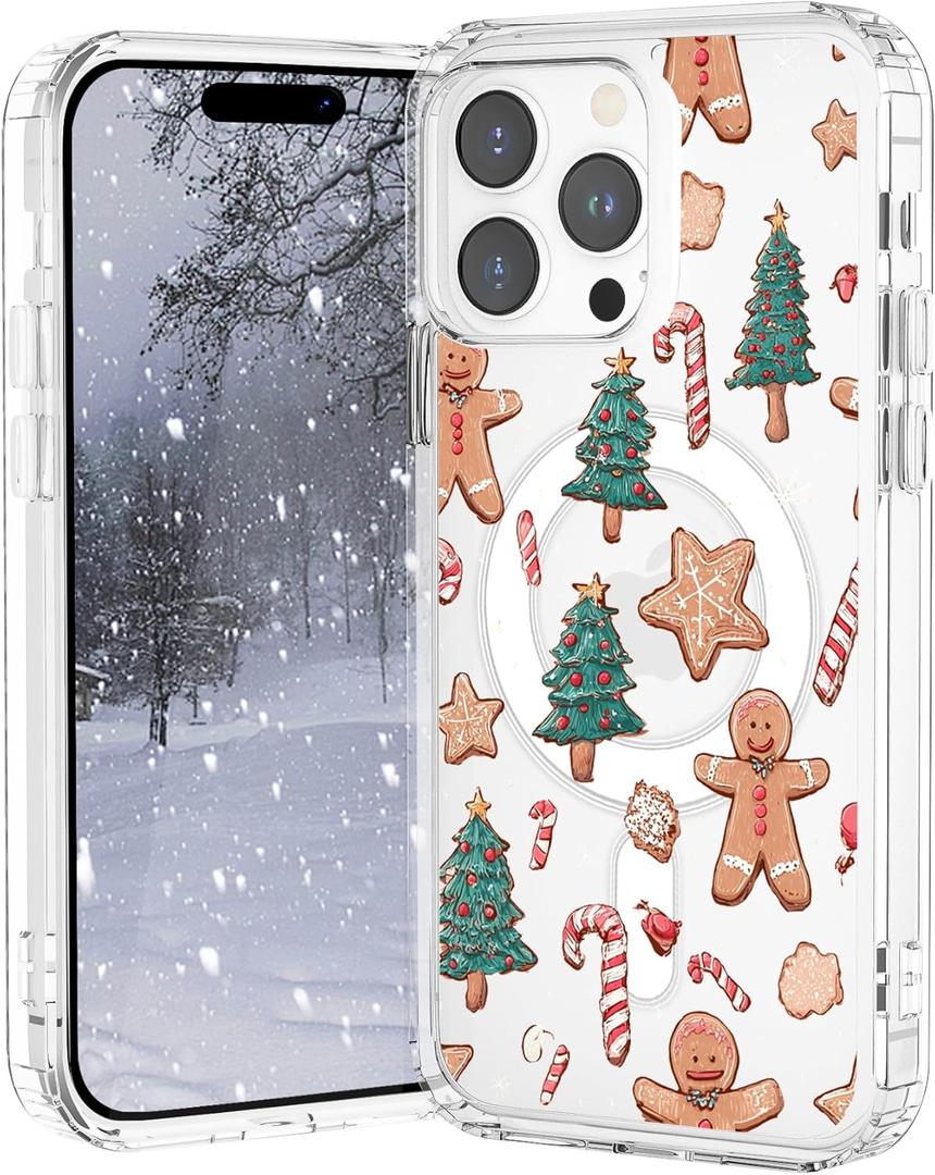 Christmas Case for iPhone 13/14,Cute Gingerbread Man Clear Magnetic Case,Compatible with MagSafe,Soft TPU Bumper Shockproof Protective Cover with Built-in Magnet Ring for Women