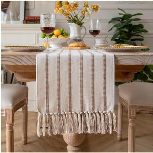 Caflife Boho Table Runner 90 Inchs Long Taupe and Beige, Cotton and Linen Woven with Tassels, for Modern Rustic Farmhouse Neutral Table Runners, Bohemian Kitchen Dining Table Home Decor