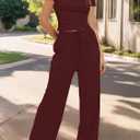 Women's 2 Piece Lounge Set Ruched Short Sleeve Tops High Waisted Wide Leg Pants (Large, Wine Red)