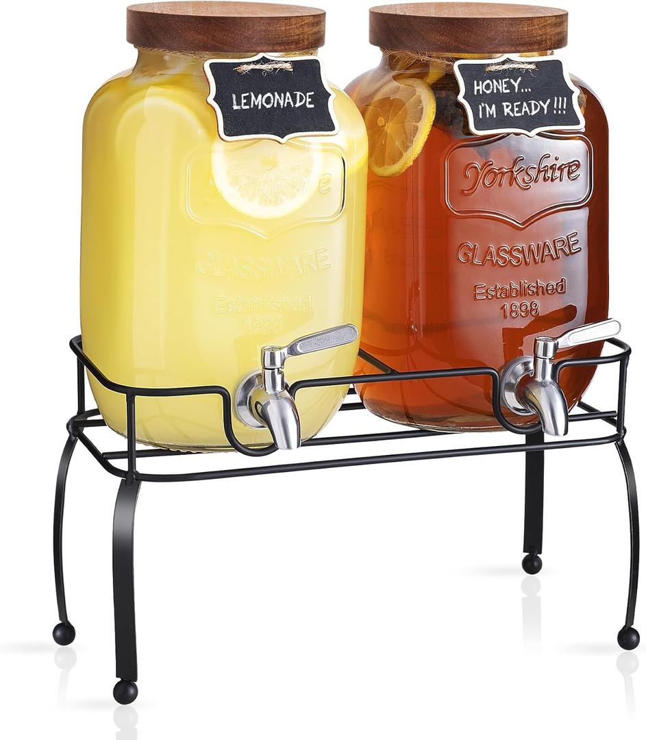 mustry Glass Drink Dispenser for Parties, 1 Gallon Beverage Dispenser with Stand and Spigot Solid Stainless Steel, Used as Lemonade Dispenser Sun Tea Jar Kombucha Jar, Set of 2