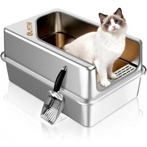 PETNF All Metal Cat Litter Box - All Stainless Steel Litter Box, Odor-Free Large Capacity with Included Litter Scoop, Leak-Proof High-Sided, Easy-to-Maintain for Big Cats & Multi-Cat Homes (1 Pack) (Silver White)