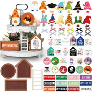 65 Pcs Fall Farmhouse Tiered Tray Decor Set Interchangeable Year Round Seasonal Tray Decorations Holiday Rustic Wooden Frames Arch Ladders Cards Bow Knot for Home Kitchen Table Decor