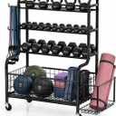 4-Tier Home Gym Storage Rack with Wheels and Hooks, Dumbbell Stand