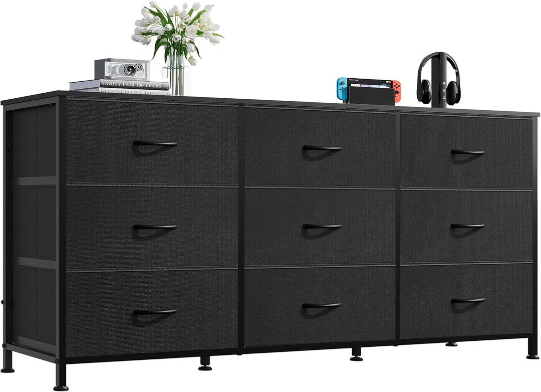 WLIVE 47''W Dresser for Bedroom, Black Dresser TV Stand for 45, 50, 55 inch TV, Wide Chest of Drawers with 9 Drawer, Large Entertainment Center, Fabric Dressers with Wood Top for Closet, Living Room, Size: Regular Siz