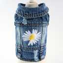 Pawstrip Dog Denim Jacket with Embroidered Daisy, Ripped Vintage Jean Vest for Small Dogs, Pugs, Chihuahuas, Spring Summer Fall Festival Outfit, Large (Fits Chest 15-16")