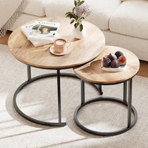Garden 4 you Nesting Coffee Table, 23.6" Round Coffee Table Set of 2, Wooden Nesting Table Set for with Metal Frame, Side Tables for Living Room Bedroom Balcony, Brown, 23.6" X 17.7" X 18", 15.7" X 15.7" X 18"