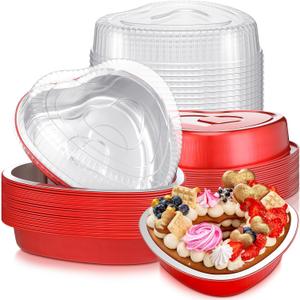 Domensi 15 Pcs Disposable Heart Shaped Cake Pans - 32 oz Oven Safe Red Aluminum Foil Cupcake Cup Pans with Lids for Christmas Birthday Wedding Parties Dessert Baking Cooking