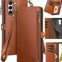 XcaseBar for Samsung Galaxy S21 Wallet case with Zipper Credit Card HolderRFID Blocking, Flip Folio Book PU Leather Phone case Shockproof Cover Women Men for Samsung S21 case Light Brown