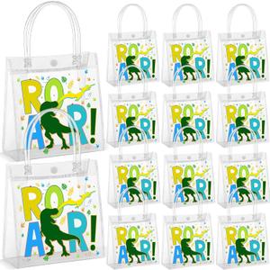 Reallnaive 24 Pcs Dinosaur Goodie Bags Plastic Clear Gift Tote Bags with Handles Dinosaur Themed Party Favor Goodie Holder PVC Handbags for Party Supplies Birthday Treat, 5.9 x 6.3 x 2.7''(Letter)