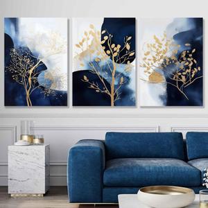 Blue Gold Abstract Canvas Wall Art Golden Tree Picture Blue Watercolor Prints Poster Navy Blue Abstract Painting Blue Gold White Abstract Art Modern Blue Picture Gold Foil Artwork 16x24inchx3 No Frame
