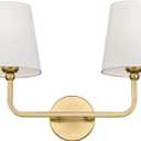 2 Light Bathroom Vanity Light, Brushed Gold Double Wall Sconce with Flared White Fabric Shade, Modern Sconces Wall Lighting for Hallway Bedroom Stairway, VL837-BG