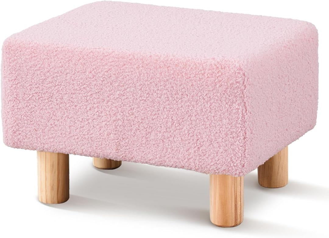 Wimarsbon Ottoman,Modern Footrest with Soft Padded Seat,Teddy Velvet Foot Stool with Wood Legs,Small Square Pouf for Living RoomBedroom and Office (Pink)