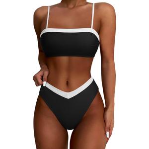 SUUKSESS Women Bandeau High Waited 2 Piece Bikini Set Cheeky High Cut Swimsuit (Small, 104 Black White)