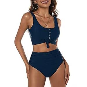 ZAFUL Women's High Waisted Bikini Scoop Neck Swimsuit Two Pieces Bathing Suit DarkBlue M