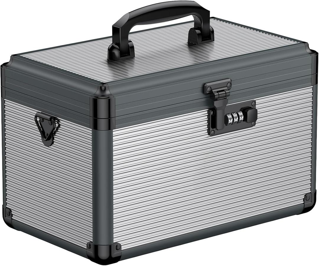 Uniclife Medicine Lock Box, 12" x 7" x 7.5", Portable Medication Lock Box with Combination Lock, Handle & Shoulder Strap, Metal Lockable Storage Box, Security Lock Box for Medications, Medicine Safe (Black, Combo Lock)