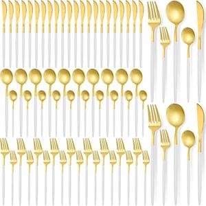 Lanties 60 Pieces Stainless Steel Tableware Set Silverware Set Flatware Cutlery Utensils Spoon Fork Knives Service for 12 for Home Restaurant Apartment and Kitchens(White Gold)