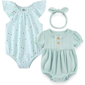 Baby Girl Bodysuit and Headband Outfit Cotton Ruffle Sleeveless Baby Clothes (12-18 Months, Blue Dots)