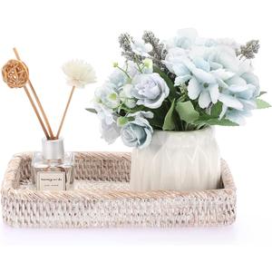 Sumnacon 10 Inch Rattan Bathroom Vanity Tray - Decorative Wicker Toilet Tank Tray for Paper Hand Towel, Vintage Storage Basket Bin for Bathroom Kitchen Toilet Tank Vanity Countertop Table Shelf White (10" x 6.1" x 1.8")
