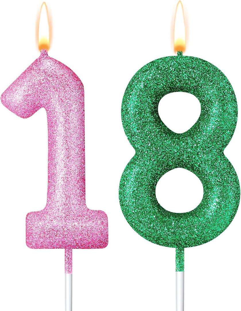 18th Witch Theme Party Glitter Birthday Candles Pink and Green Number Candles Cake Topper Decorations for Birthday Wedding Anniversary Celebration Supplies